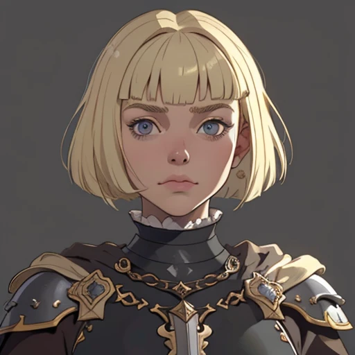 (masterpiece), (best quality),(portrait),(bust up),1girl,solo,(sharp focus),(look at viewer),blond hair,dwarf girl,dwarf,farnejour, bob cut,((bangs on eyes)) ,fat ,ancient luxurious long clothes,armor,(simple background),old school fantasy art,super shiny face,Ultra Glossy Skin,cloak