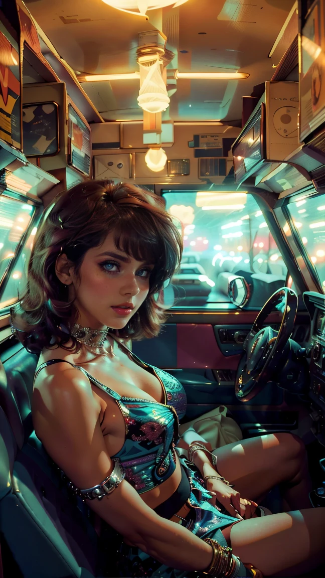 high view shot, In the heart of the retrowave 80's world, a young beautiful woman with 80's style haircut, 80's fashion sexy clothing, sensual pose, The angle of the scene is dynamic and high, capturing the intensity of the moment, fine quality silver eyes, eyes looking at the camera, ultra detailed, 