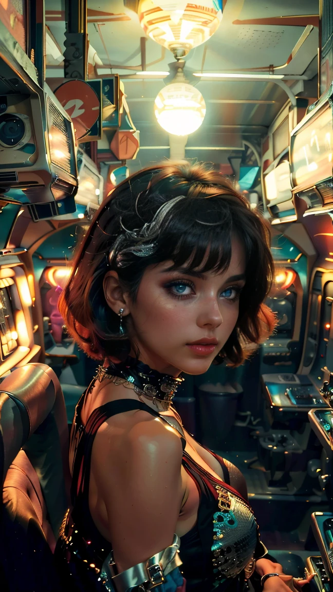 high view shot, In the heart of the retrowave 80's world, a young beautiful woman with 80's style haircut, 80's fashion sexy clothing, sensual pose, The angle of the scene is dynamic and high, capturing the intensity of the moment, fine quality silver eyes, eyes looking at the camera, ultra detailed, 