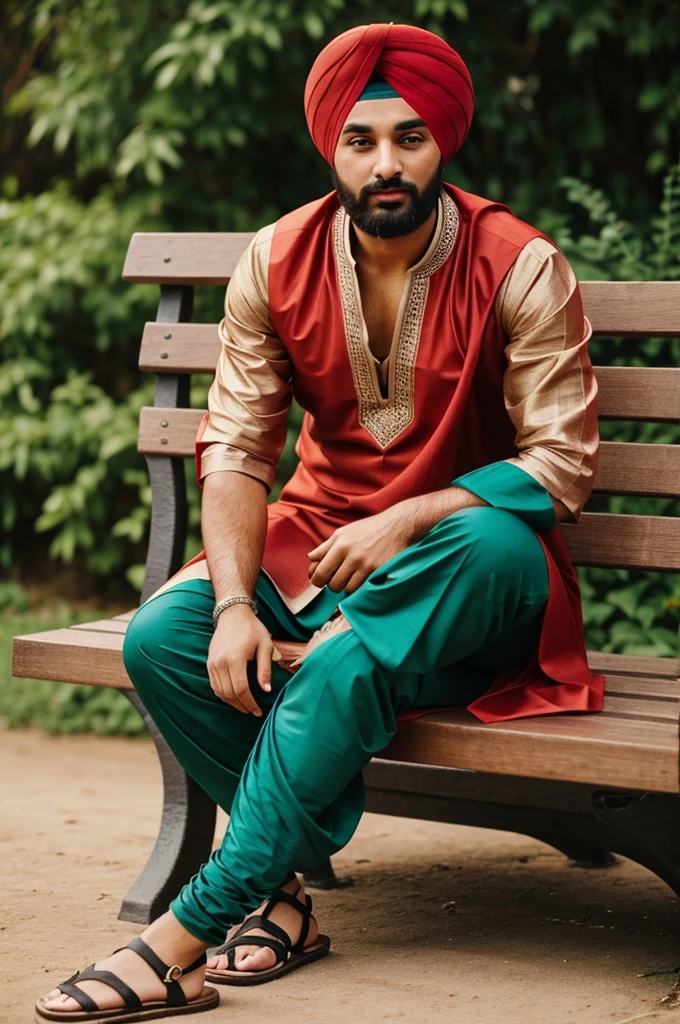so sute 25 year man beautiful face and boy badmash sitting on a bench man sitting  casually on front of a all colours Punjabi salwar kameez and peshawari sandal The background park the image is a party theme. Write 'Asim' on the Make sure the text is not misspelled.so cute badmashi face and medium long red  hair with  and pind with  sitting on