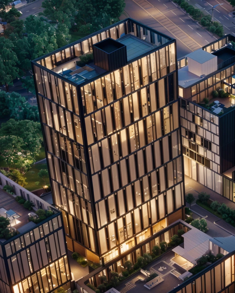 Office building at night with bright sky,Real glass curtain wall,Realistic lighting,full building, realism, Architectural renderings, Aerial View, detailed picture,Architectural Visualization,masterpiece,High Detail,HD resolution,8K,