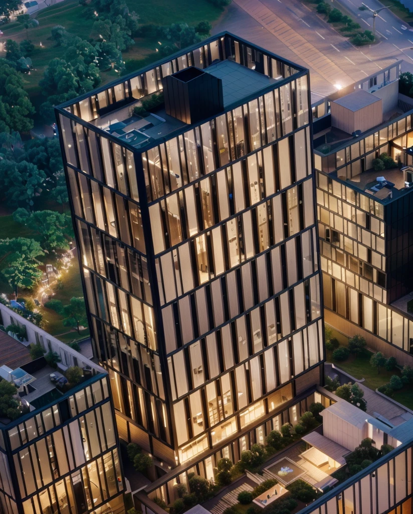 Office building at night with bright sky,Real glass curtain wall,Realistic lighting,full building, realism, Architectural renderings, Aerial View, detailed picture,Architectural Visualization,masterpiece,High Detail,HD resolution,8K,