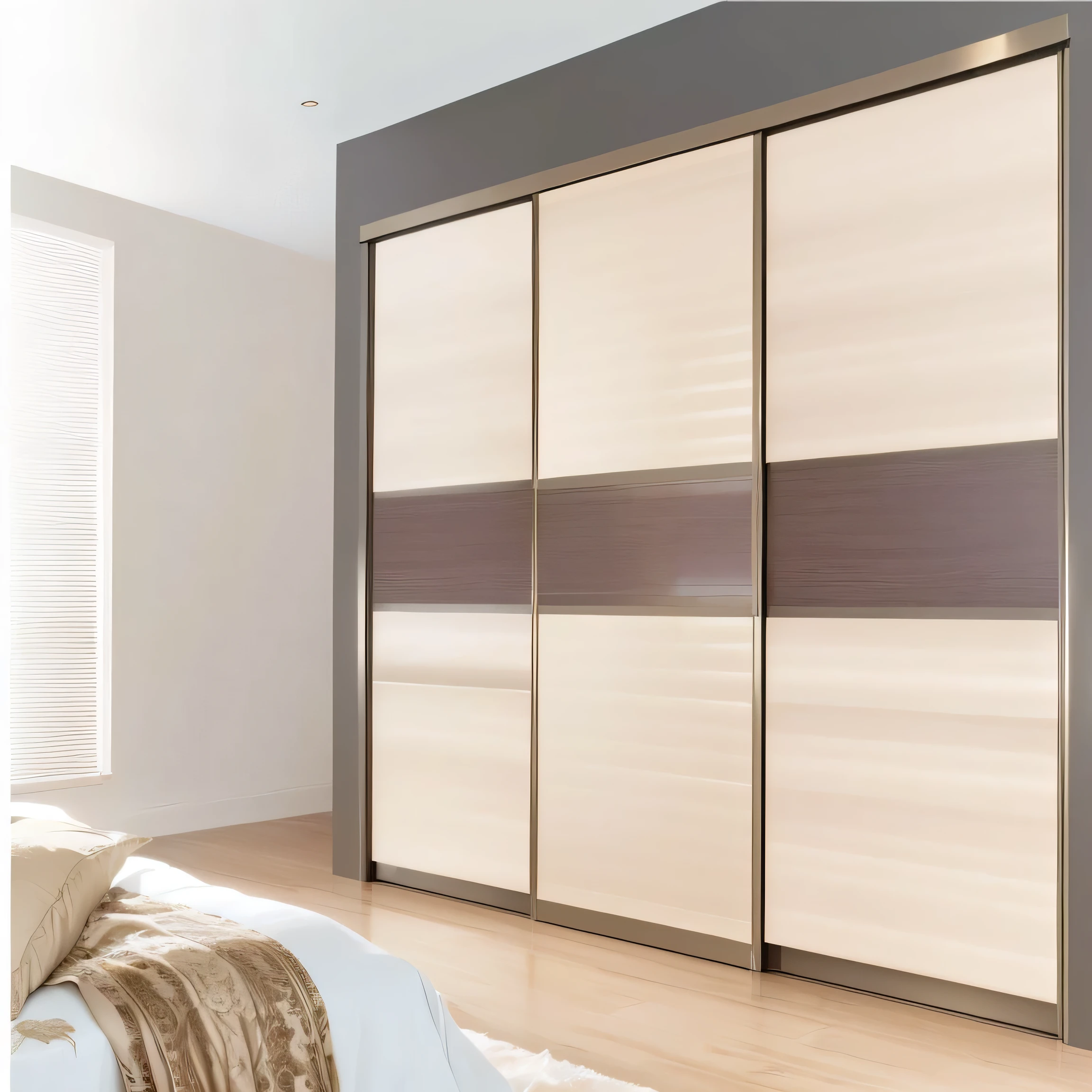a close up of a bedroom with a bed and a sliding door, elegant wardrobe, decorative panels, elegant futuristic wardrobe, lacquered glass, mirror and glass surfaces, cupboards, sleek streamlined design, wooden walls brass panels, architectural finishes, flat panels, smooth curvature design, high gloss, sepia toned, cabinet furniture, nesting glass doors