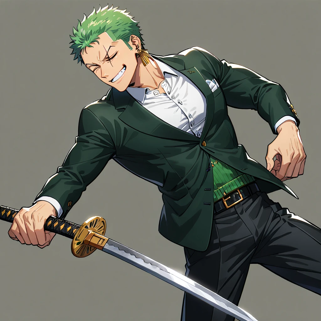 1boy, male focus, solo, roronoa zoro, green hair, jewelry, earrings, smile, one eye closed, scar, scar across eye, weapon, grin, sword, formal, suit, ((medium quality)), ((medium quality))