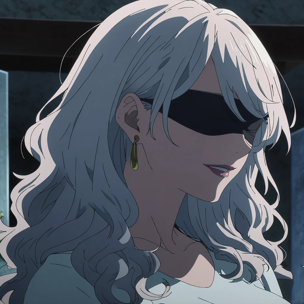 1girl, female gojo satoru, anime screencap from jujutsu kaisen, gojo satoru female version, solo, long_hair, ((wearing black blindfold)) ((White_hair, wavy hair)), night view, (hanging breasts) upper_body, smile, indoors, book, lips, (slightly wavy hair) ((wearing casual outfit)) breast, "very detailed and high resolution" (black blindfold) ((shoulder length wavy hair)) ((solo)) (front view) (earings) ((high resolution)) ((good quality)) ((swept bangs)) 