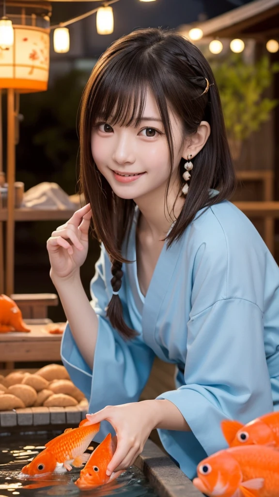 Best picture quality (8K, high resolution, Masterpiece: 1.2), super detailed, 215 Short Hair,Three braids long hair, 16-year-old woman,
Goldfish scooping main shot at a Japanese festival stall: A front view of a goldfish scooping tank at a food stall、Small net:1.5. Photograph the moment when you are about to scoop up a goldfish。The goldfish are in a small pool on the ground.: From a side angle、A close-up of a concentrated expression as he aims for a goldfish。Including the flickering lights reflected on the water surface。
yukata: 色鮮やかなyukataを着ており、The obi has a floral design。Hairpin in the hair(Hairpin)Refers to。
accessories: Festive bracelet on the wrist。Small Japanese-style earrings in the ears。
Small items: Wearing wooden clogs、 his hand he is holding a fan he bought at a food stall.。
illumination: The warm light of the lanterns illuminates the surroundings.、The food stalls are lined up as if floating in the night sky.。The goldfish scooping tank is equipped with underwater lights.、The water surface sparkles。
Active Pause ,
break Focus on upper 腰
, random cute pose ,big eyes ,Puffy eyes , Heart Pupil, blush , huge shy smile , salute