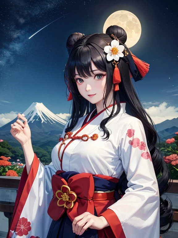 (Highest quality、masterpiece、High resolution、8K)、Ukiyo-e、Vibrant colors、Katsushika Hokusai、1 female、Black hair Japanese topknot、whole body、着物は白地に鮮やかなflower柄模様、Official Art、背景はUkiyo-e風、White waves,Fuji Mountain,flower,moon,cloud,
