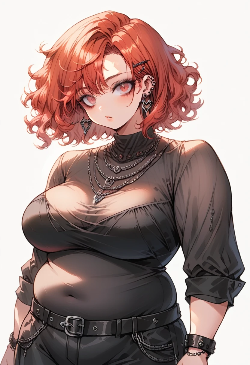 Curvy goth anime girl, overweight fat girl, pretty anime girl, beautiful chubby anime girl, big tummy, large breasts, wide hips, curvy butt, stomach rolls, stomach bump, fashionable, cool clothes, fun clothes, fashion, accessories, jacket, jewelry, bracelet, earrings, necklace, rings, accessories, belt, skirt, dress, pants, shirt, long shirt, low cut tshirt, baggy shirt, confident, cool fashionable girl, attractive, cool, hot woman, short wavy red hair hair, short bob length hair, red, bright colored hair, wavy hair, short hair, bob, shoulder length hair, goth, alternative style, goth style, cool clothes, makeup