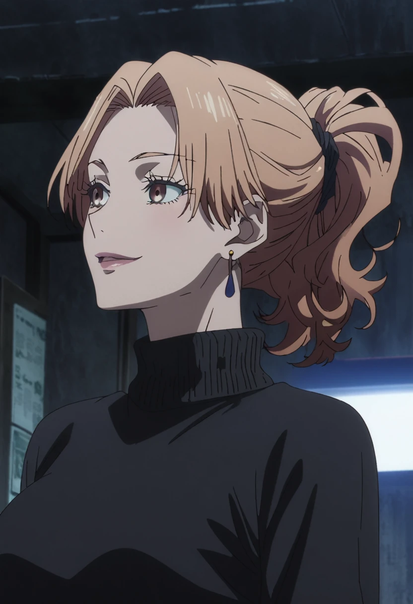 1girl, female gojo satoru, anime screencap from jujutsu kaisen, gojo satoru female version, solo, long_hair, blue eyes ((Brown_hair, wavy hair)), night view, (hanging breasts) upper_body, smile, indoors, brown_eyes, lips, (hair tied back stylized hairstyle) (wearing round sunglasses) ((wearing black sweater outfit)) breast, "very detailed and high resolution" (brown eyes) (( hair tied back stylized hairstyle)) ((solo)) (front view) (earings) ((high resolution)) ((good quality)) ((bangs))