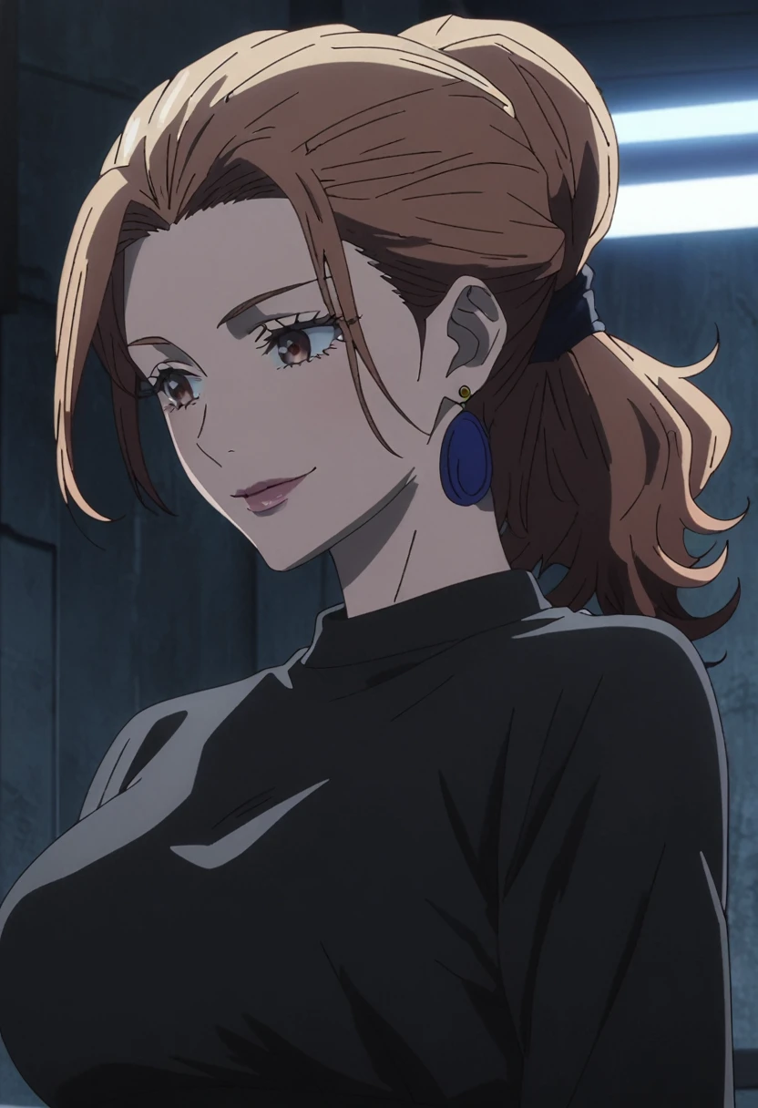 1girl, female gojo satoru, anime screencap from jujutsu kaisen, gojo satoru female version, solo, long_hair, blue eyes ((Brown_hair, wavy hair)), night view, (hanging breasts) upper_body, smile, indoors, brown_eyes, lips, (hair tied back stylized hairstyle) (wearing round sunglasses) ((wearing black sweater outfit)) breast, "very detailed and high resolution" (brown eyes) (( hair tied back stylized hairstyle)) ((solo)) (front view) (earings) ((high resolution)) ((good quality)) ((bangs))