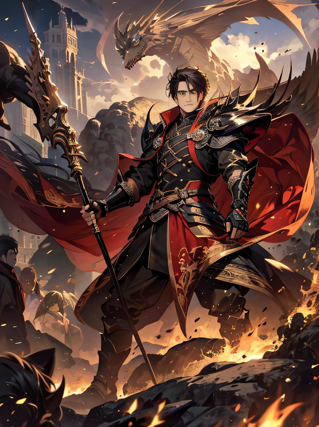 Masterpiece,best quality,Highly detailed,very detailed, Digital Artwork, Levi Bouman,  holding a halberd to pierce the sky, Focus Man, alone, Long shot, full body, Face details,clear face,handsome, Thick eyebrows, black hair,black short hair ,blue eyes, mountain, wearing black armor,wearing a black fur coat, electricity, Fighting posture, Embedded, glove, outdoor, black coat, From the side 31-years old、male people、A darkHair , Demons、single body、Black clothe、A slender、black backgrounds、blue eyes、natta、Angry、Black Armor、masterpiece