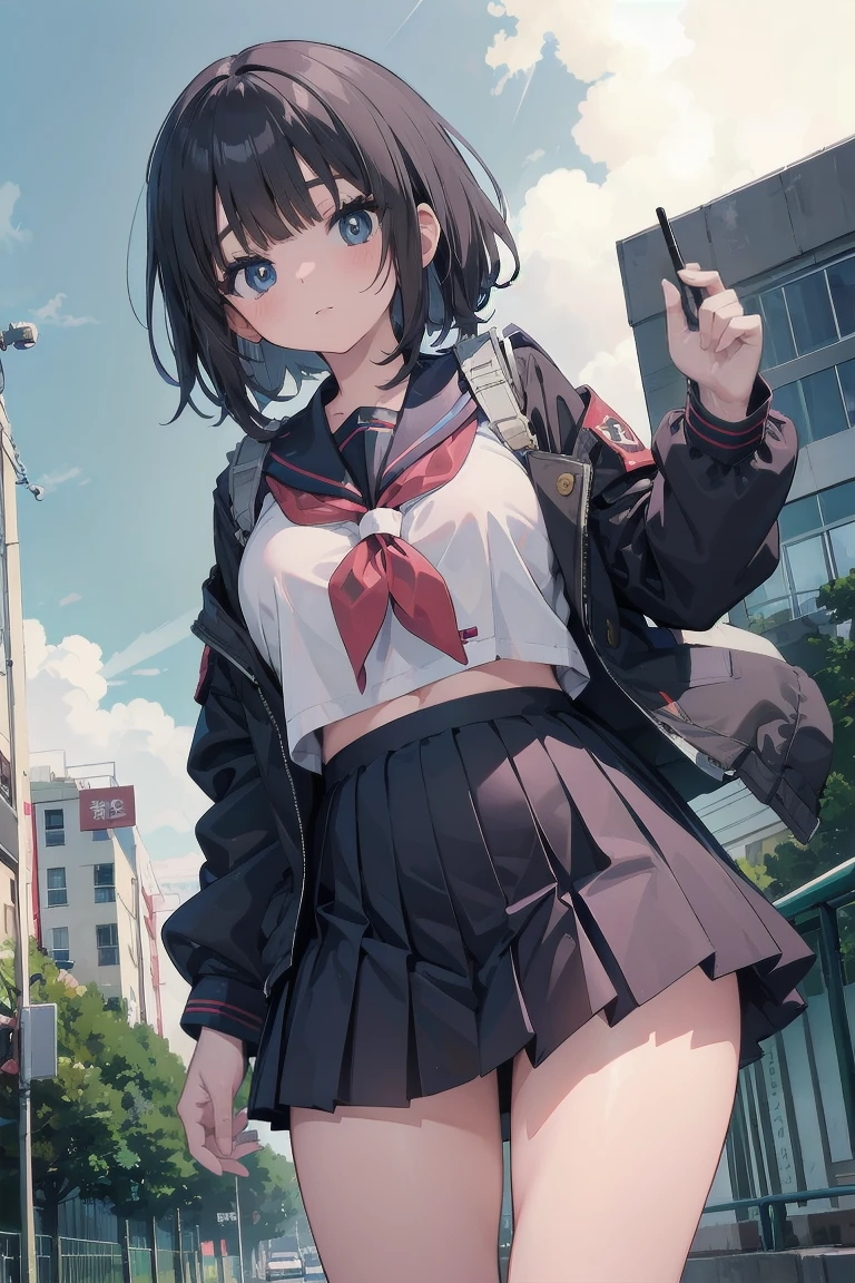Kim Jong-un, anime, high school girl, uniform, Large Breasts, Thighs, Standing and looking at me, Sailor collar,