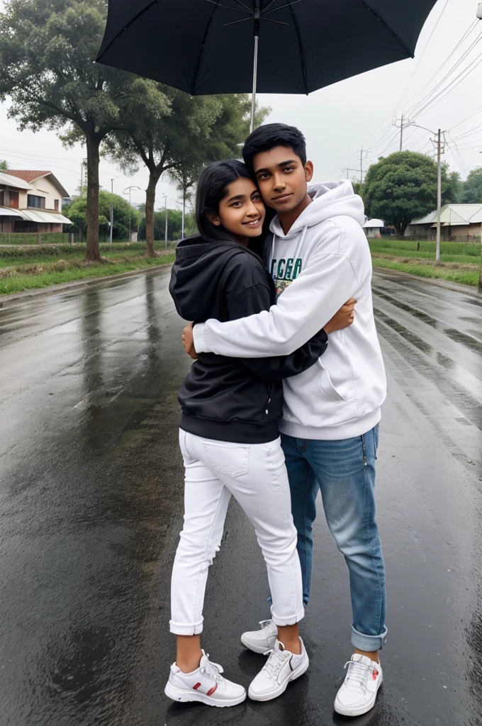 A real indian 16 year old cute boyhugging, with 16 years old cute girlbody happy standing, holding blackumbrella raining a street, the boy iswearing white hoodie written boldname "Abhishek'and girl wearing white topand jeans, phone, girl looking atcamera, watch, stylish hair, girl whiteshoes, background big road raininggreentrees Wings plants fields, 16KUltra Quality Image