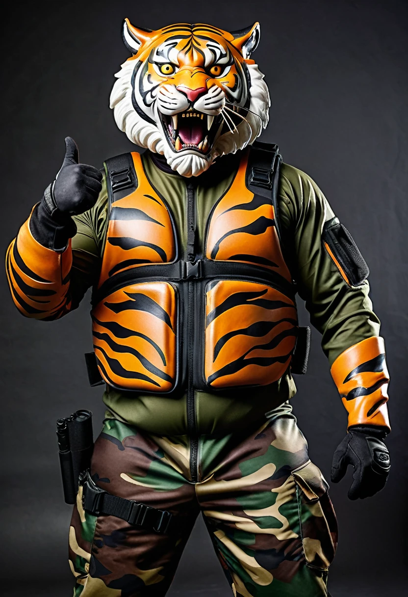 (a dark-skinned bearded fat old man in army camouflage zipper diver suit) (wearing proportionate realistic roaring tiger mask that show the wearer eyes), thumbs up, carrying a gun holster on his right hip, muscular, Basuki Abdullah, sumatraism, muscular physique, imposing stature, action, a character portrait, heroic, fierce, snarling, best quality