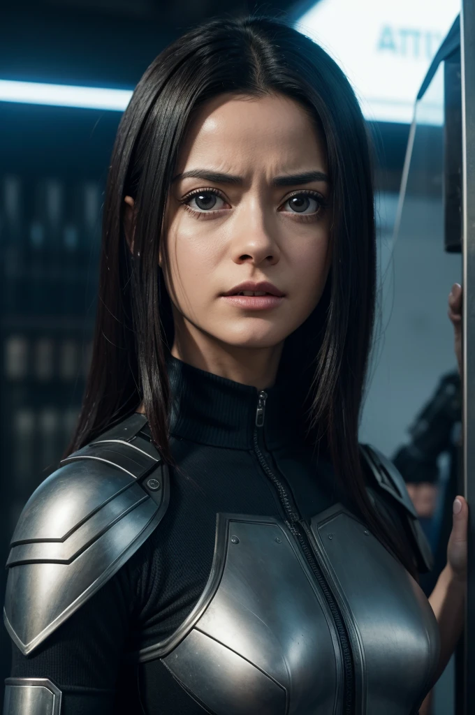 there is a woman in a uniform standing in front of a sign, promotional still, photo still, closeup shot, still from a live action movie, promotional still wide angle, promotional movie still, portrait shot, still from the movie, still image from the movie, alita battle angel, movie still 8 k, at netflix, sony pictures
