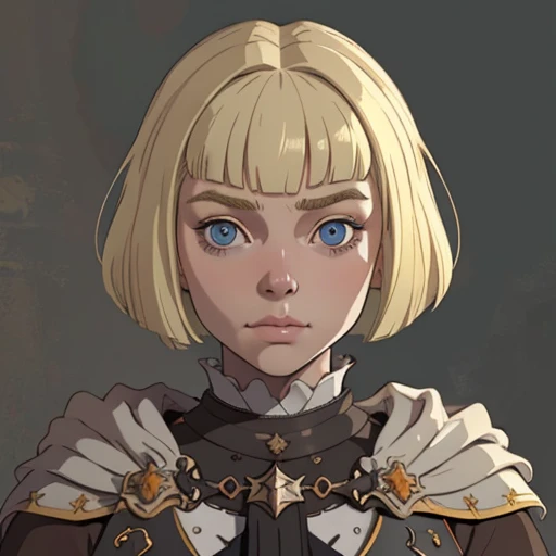 (masterpiece), (best quality),(portrait),(bust up),1girl,solo,(sharp focus),(look at viewer),blond hair,dwarf girl,dwarf,farnejour, bob cut,((bangs on eyes)) ,fat ,ancient luxurious long clothes,armor,(simple background),old school fantasy art,super shiny face,Ultra Glossy Skin,cloak