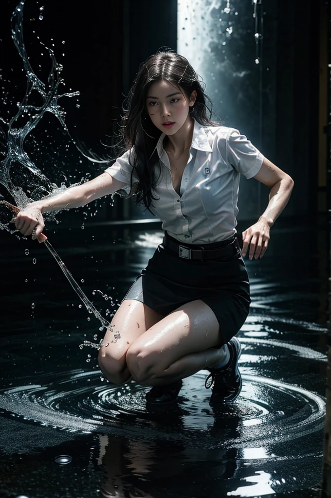 full body shot, 18s woman in thai university uniform, long straight wet hair, white wet short-sleeve shirt, black wet tight mini skirt, brown belt, white sneakers, masterpiece:1.2, high detail, realistic, cinematic scene, slim and perfect figure, perfect body proportions, 16k, portrait photo, dynamic pose, dynamic compositions, water, surrounded by gas fumes in battle, xuer martial arts, water drops on her face, motion blur, long exposure, on the wet floor, martial arts, blue light tone, water magic, (water element:1.2), water goddess, see through, black bra