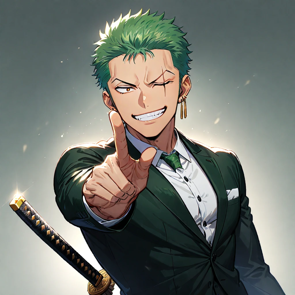 1boy, male focus, solo, roronoa zoro, green hair, jewelry, earrings, smile, one eye closed, scar, scar across eye, weapon, grin, sword, formal, suit, ((medium quality)), ((medium quality))