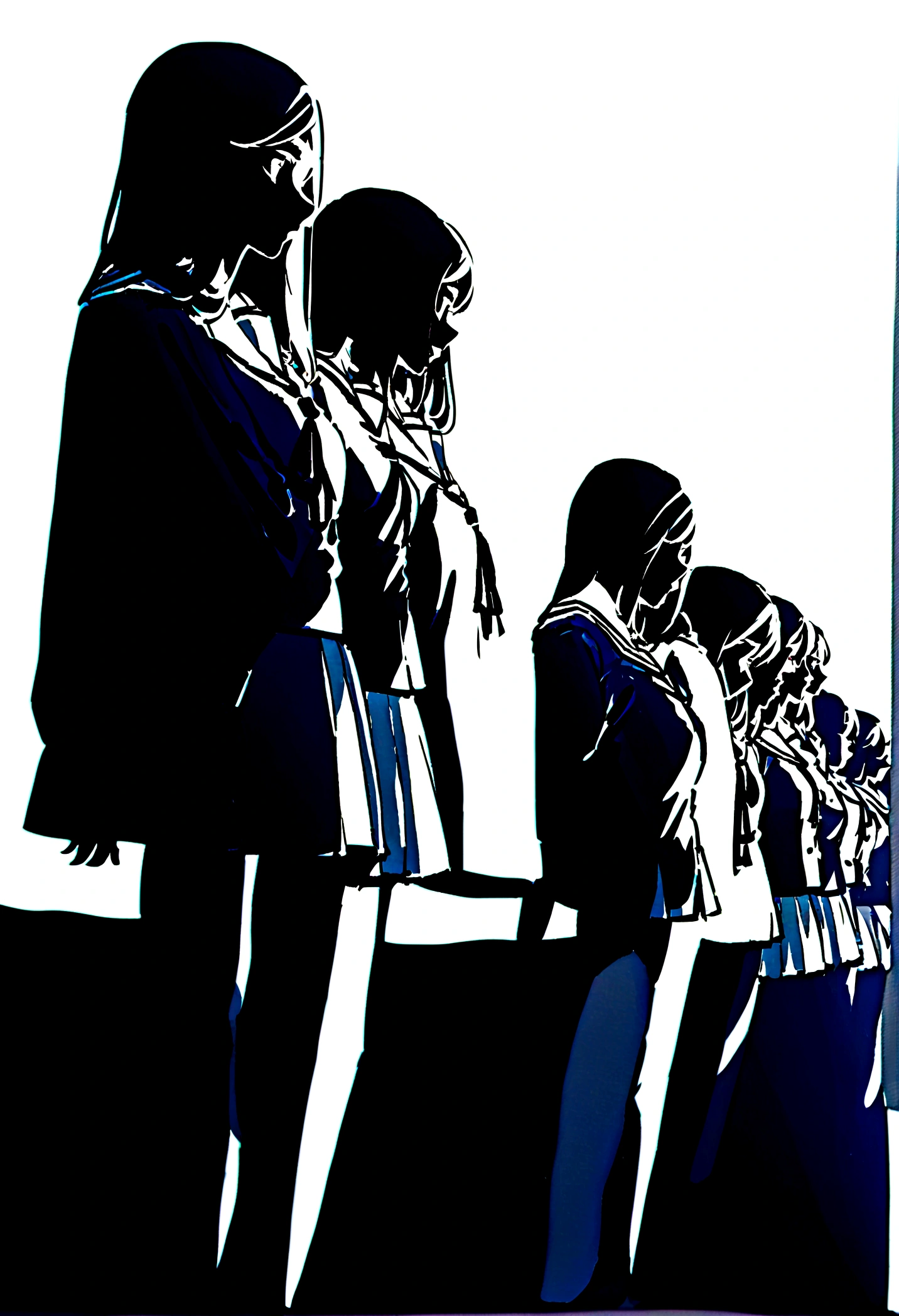 Five female college students in school uniforms standing in a row