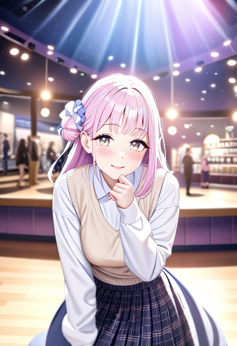 1 girl, Mika from Blue Archive, kawaii, beige sweater vest, plaid skirt, smiling, standing up, pink long hair, golden eyes, blushing, long sleeves, thin waist, (best quality, 4k, 8k, highres, masterpiece:1.2), ultra-detailed, (realistic, photorealistic, photo-realistic:1.37), HDR, UHD, studio lighting, ultra-fine painting, sharp focus, physically-based rendering, extreme detail description, professional, vivid colors, bokeh, portraits, anime, soft pastel colors, warm lighting