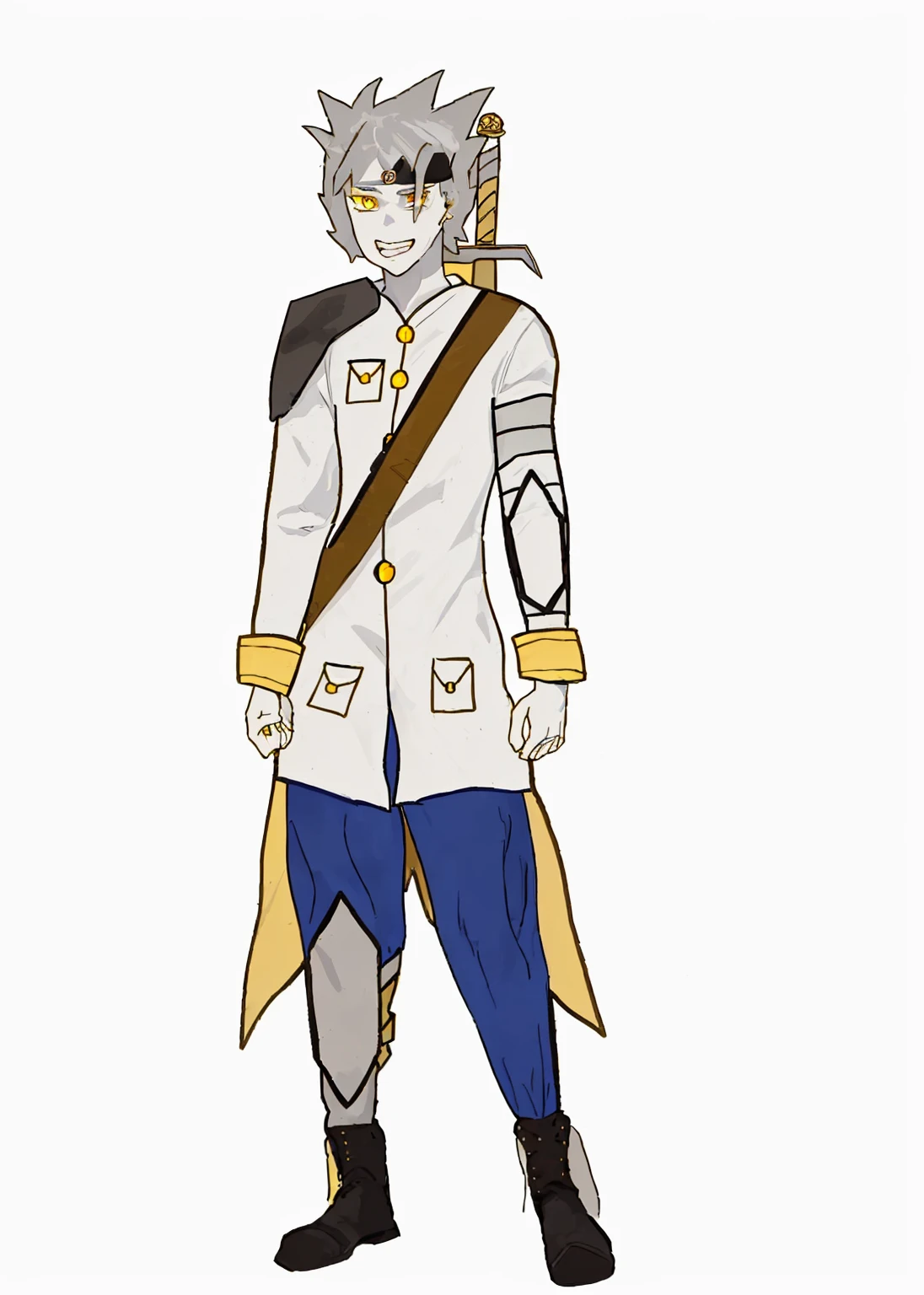 Anime, 1boy, messy gray hair, gray eyebrows, yellow eyes with black highlights, white skin, wide smile showing teeth, wears a long white coat with yellow and brown accents, the back of the coat extends to the knees, wears a brown shoulder protector on the right, the coat is long-sleeved, has stripes on the right sleeve of the coat, and has a tribal protector on the left sleeve, blue pants with black accents, black boots, carries a sword on his back using a strap looped from his right shoulder to his left waist, the sword has a red gemstone on the pommel with a clearly visible rune inside.