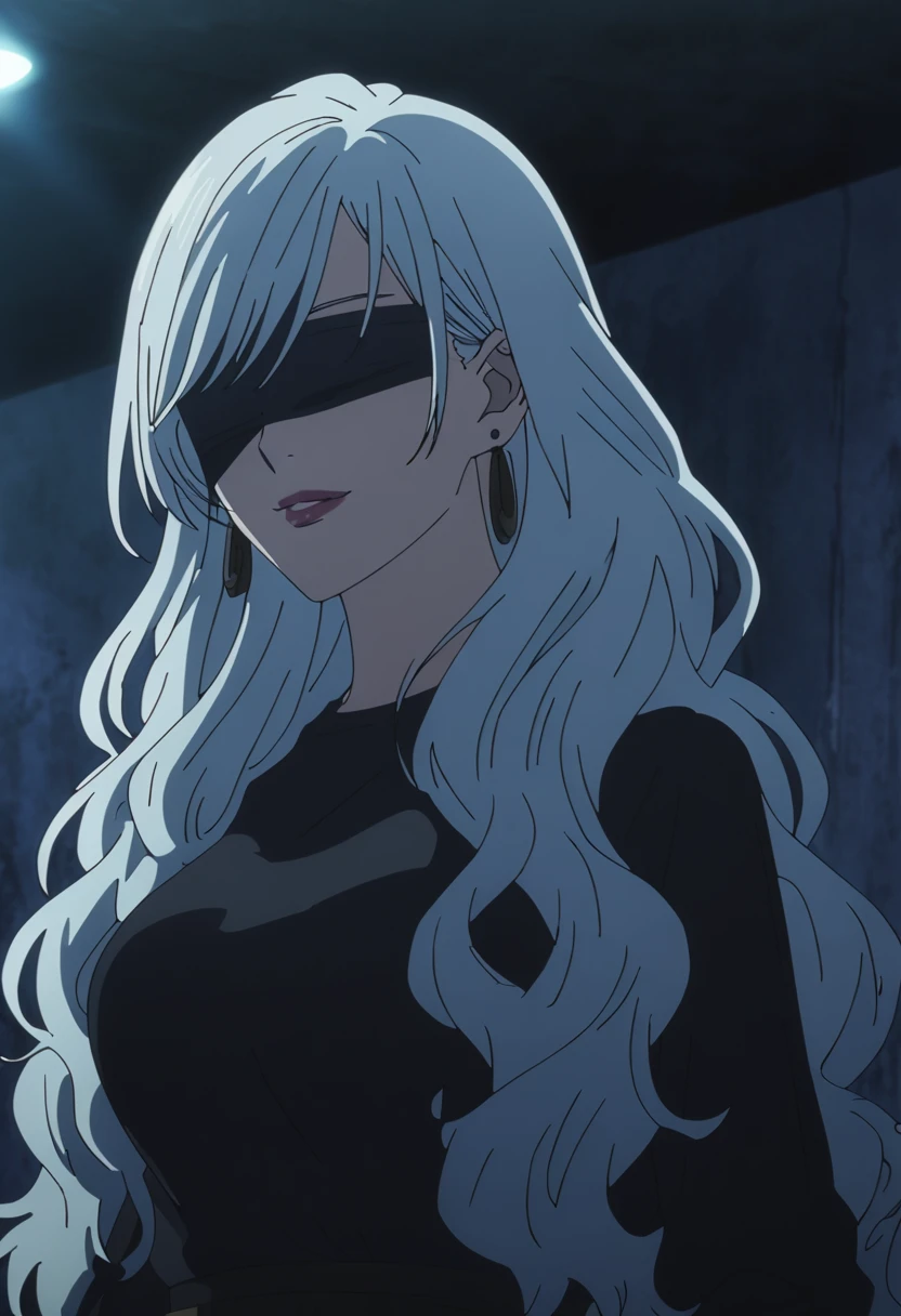 1girl, female gojo satoru, anime screencap from jujutsu kaisen, gojo satoru female version, solo, long_hair, ((wearing black blindfold)) ((White_hair, wavy hair)), night view, (hanging breasts) upper_body, smile, indoors, book, lips, (slightly wavy hair) ((wearing casual outfit)) breast, "very detailed and high resolution" (black blindfold) ((shoulder length wavy hair)) ((solo)) (((front view))) (earings) ((high resolution)) ((good quality)) ((swept bangs))