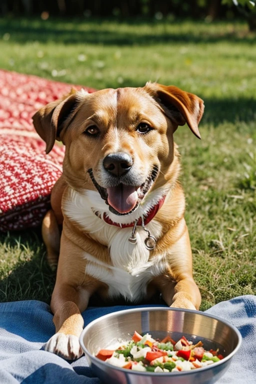 Dog wants to eat food from bowl at picnic