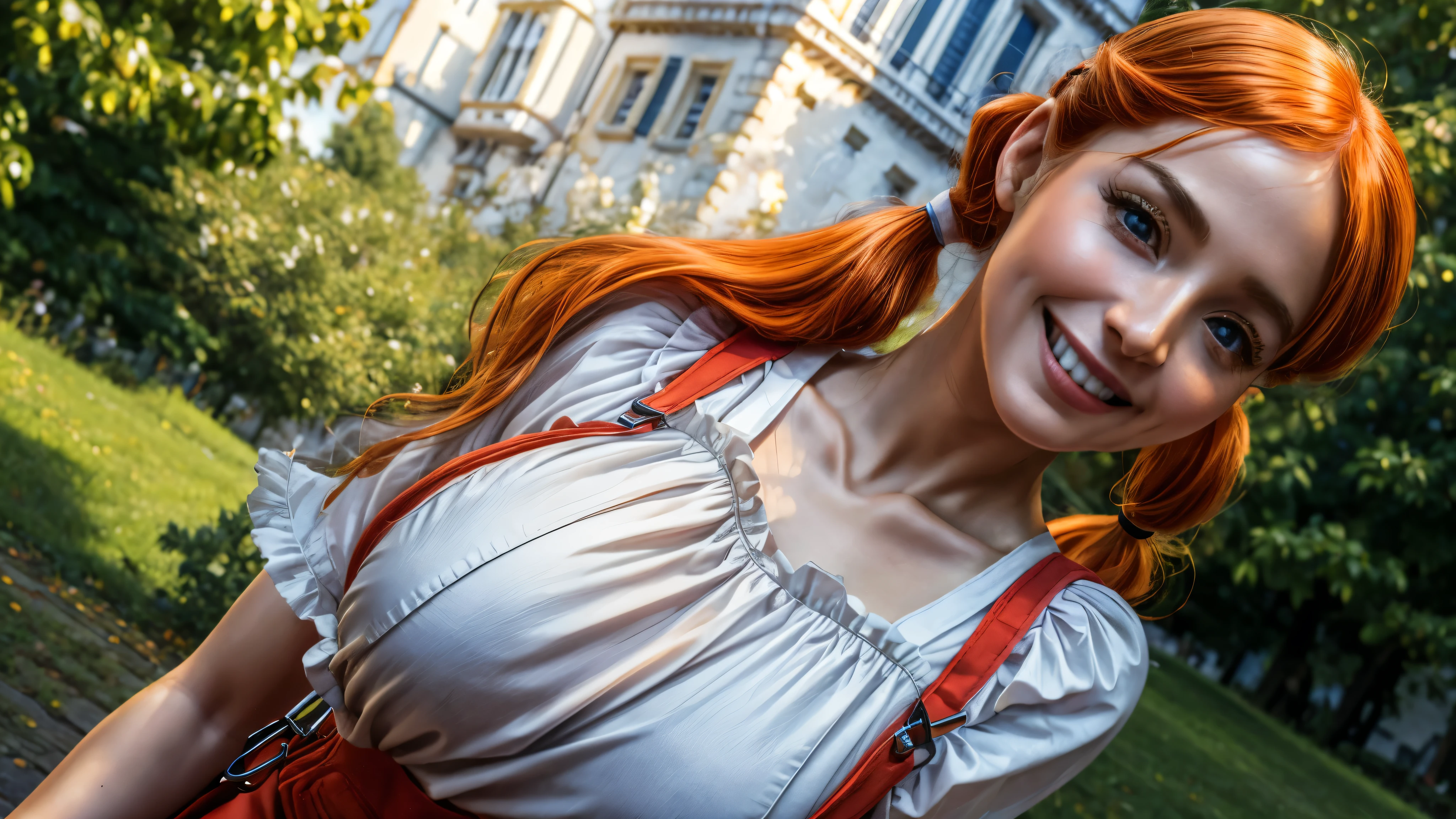 masterpiece, best quality, extremely detailed, hyperrealistic:1.1, photorealistic, a pretty 20s french model, ultra detailed face:1.2, pale skin, red overalls skirt:1.2, orange hair, lower twintails, white frilled t-shirt, city of grimm's fairy tales, pink and yellow buildings, joyful smile, dynamic angle