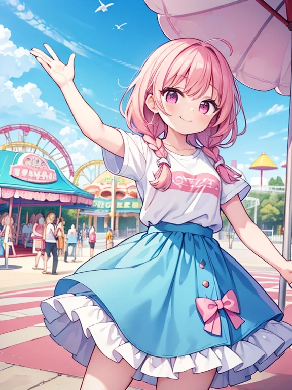 ((Highest quality)), ((masterpiece)), (detailed), Perfect Face, Perfect Arms, Perfect hands, anime, Ultra-fine illustration, ((1 person)), Girls, Pink Hair, Braided Hair, Medium Hair, Pink Eyes, (Laughing with your mouth open:1.3), (smile:1.3), {((wave hands))}, {(White logo t-shirt)}, {(Blue flared skirt)}, ((amusement park)), (Merry-go-round), summer, noon, Outdoor,Cowboy Shot,