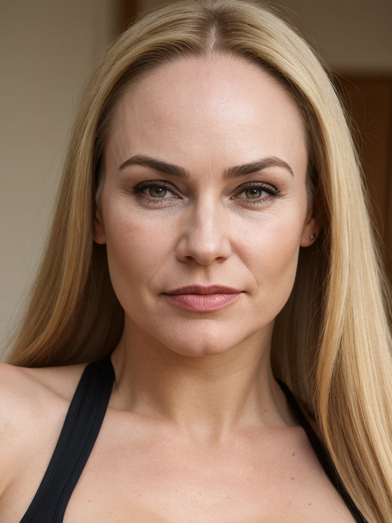 1 girl, (((Gretchen Barretto))), photorealistic photo of Gretchen Barretto, photo of a Swedish woman, cleavage, (((full lips and wide forehead))), middle age, (((Blonde long straight hair))), (((50-year-old woman))), body of 45-year-old woman, (((wrinkles on her face and body))), dynamic pose, standing, wearing sexy gym outfit, BACKGROUND: indoor: yoga center