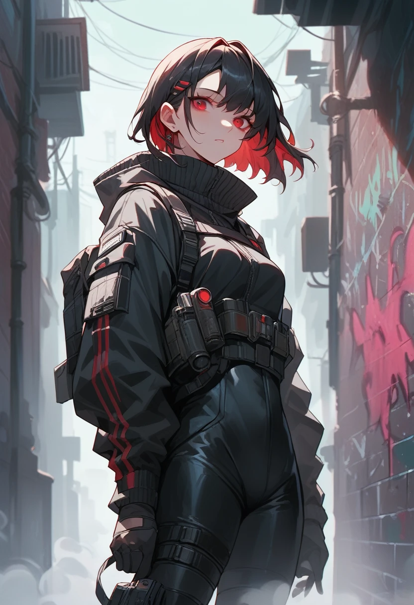 1girl, black survival suit, black hair, red eyes, dark alley, red graffiti, japanese led, fog, 8k, ambient occlussion, focus on subject