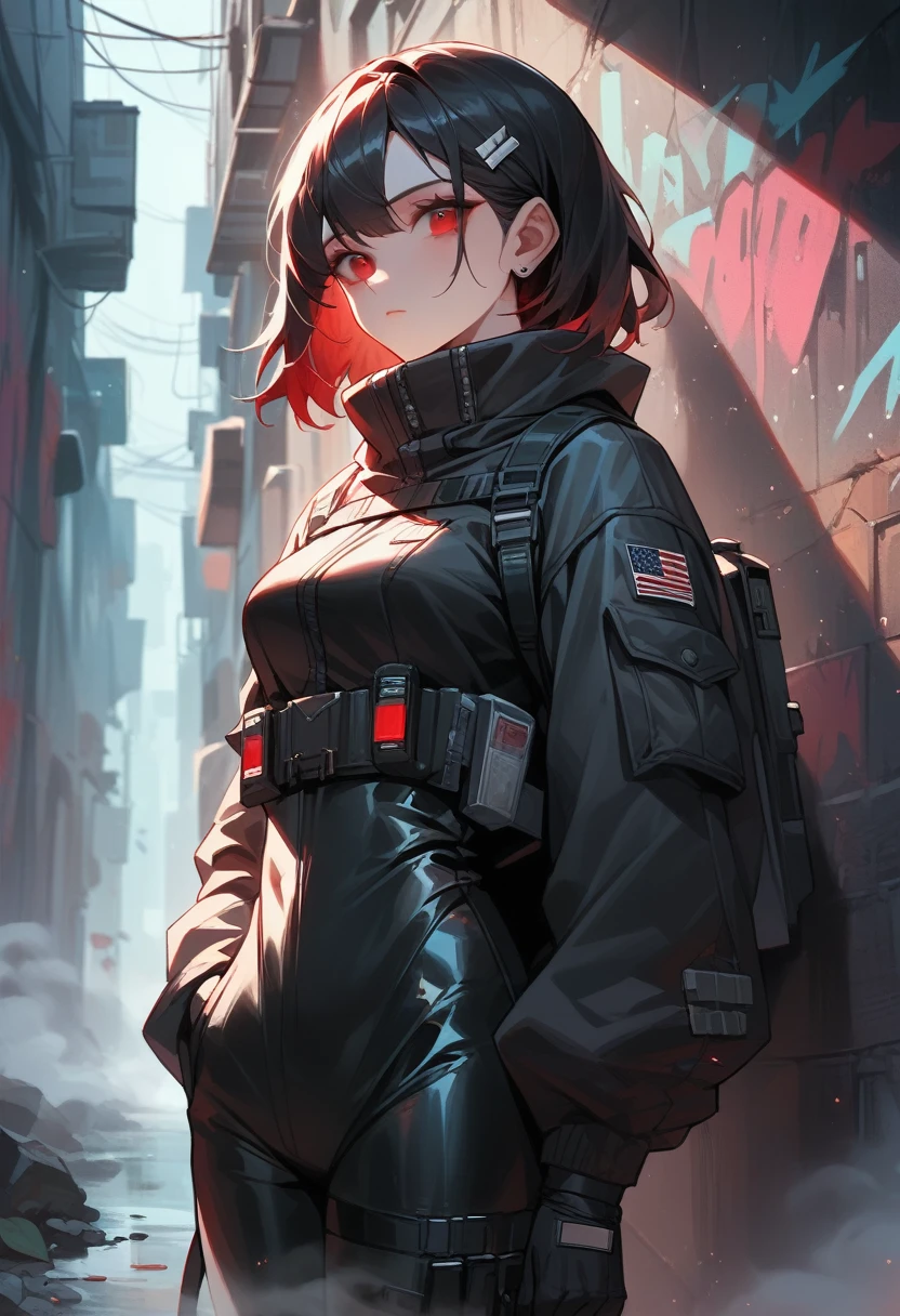1girl, black survival suit, black hair, red eyes, dark alley, red graffiti, japanese led, fog, 8k, ambient occlussion, focus on subject