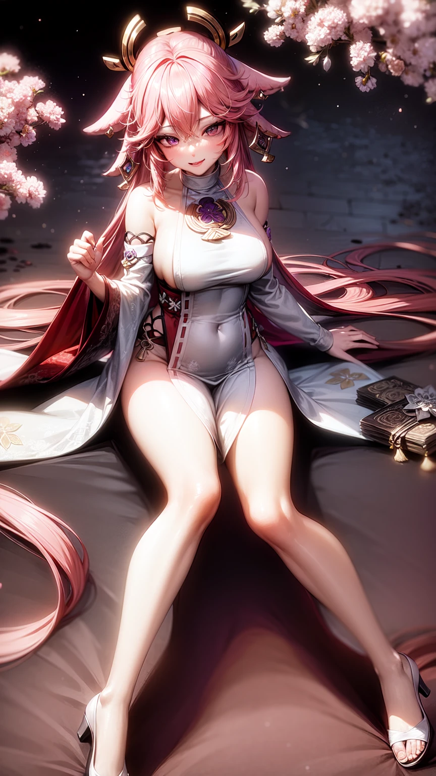 Yae Miko,purple eyes,Wedding Dress,long skirt,crop top,seductive face ,legs open