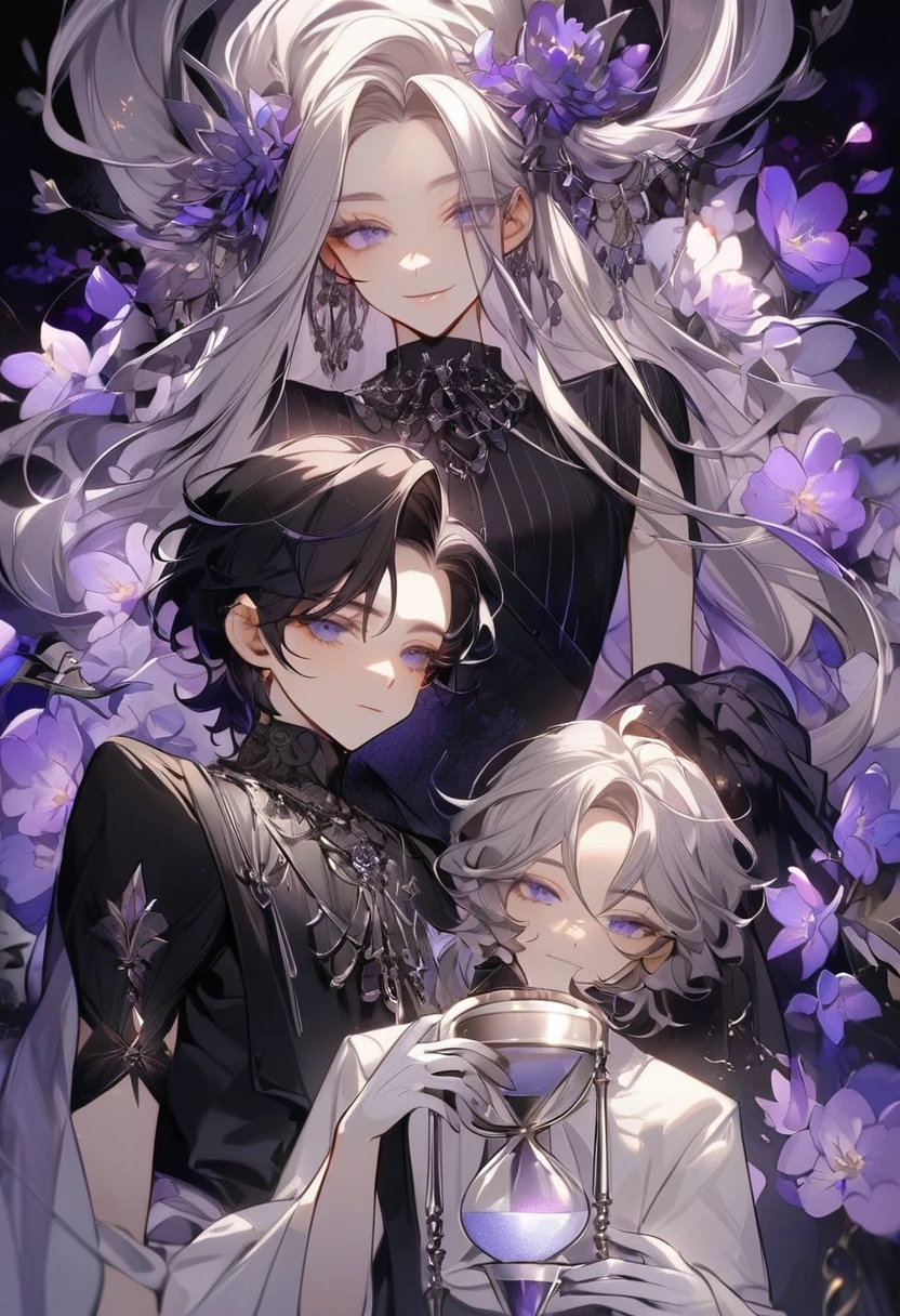 Feminine boy, soft womanish facial features, smile, squinted siren dark blue eyes without glare, silver ans dark purple long loose hair with straight bang, fantasy black clothes with blue and purple elements, long black gloves, model, gorgeous, elegant, lots of silver jewelry, flowers in his hair, skinny , hourglass figure, light lipstick, pants