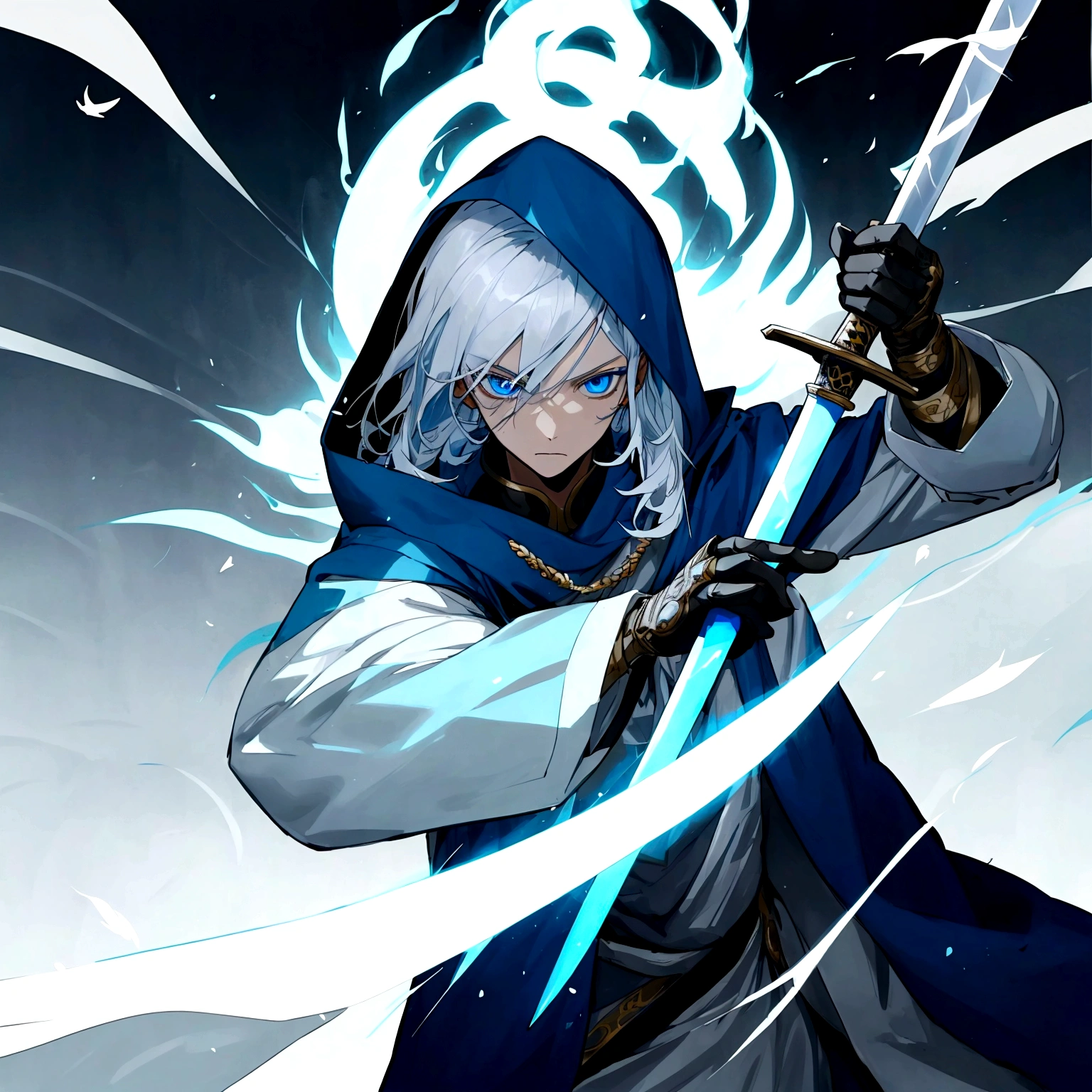 Sorcerer Divine Soul man, he has a silver hair and blue eyes, he wear a hood and wear gloves , hold sword with hand.