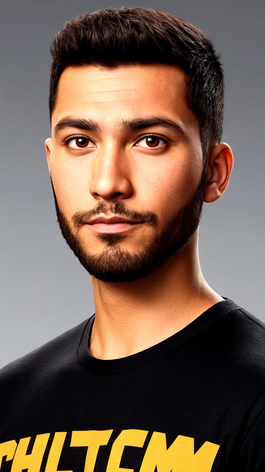 Create a character based on the Disney Pixar universe, put all the art in vibrant colors and detailed textures, he is 30 years old, Brazilian, Left eyebrow failure, Hair Side Swept Crew Cut, closed gaze, light brown eyes deep look, has a short beard, is white and is wearing a black t-shirt written "StartEcom" handsome