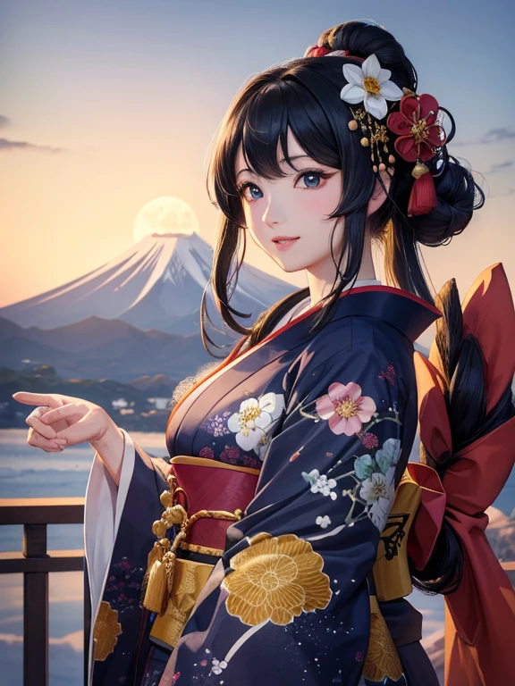 (Highest quality、masterpiece、High resolution、8K)、Ukiyo-e、Vibrant colors、Katsushika Hokusai、1 female、Black hair Japanese topknot、whole body、着物は和装で白地に鮮やかなflower柄模様、Official Art、背景はUkiyo-e風、White waves,Fuji Mountain,flower,moon,cloud,