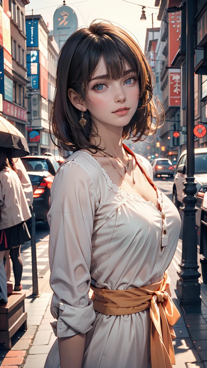 Curly Bob Cut, A platinum-haired woman in an orange collared shirt poses for a photo in the city, 8k art germany bokeh, well-proportioned body, 美しいKorean women, Gorgeous Necklace, 美しい若いKorean women, Soft Portrait Shot 8k, Korean Girls, Double eyelids and narrow eyes, beautiful grey eyes, Trans8K, Cute young woman, Korean women, Beautiful blonde girl