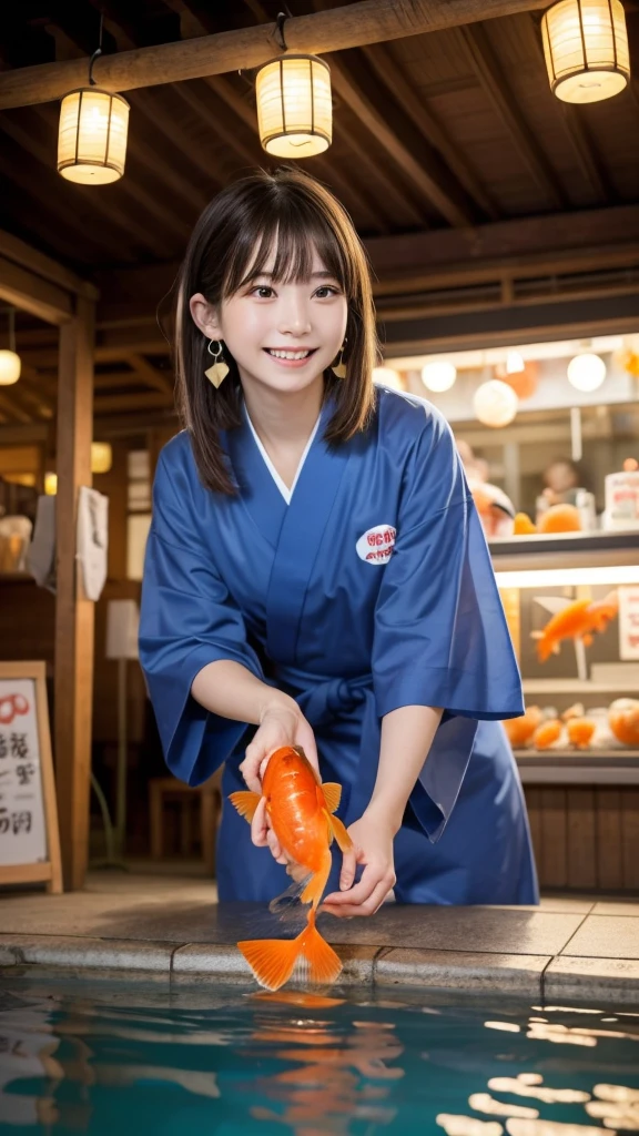 Best picture quality (8K, high resolution, Masterpiece: 1.2), super detailed,  215 Short Hair,Three braids long hair, 16-year-old woman, 

Goldfish scooping main shot at a Japanese festival stall: A front view of a goldfish scooping tank at a food stall、Photographing the moment you look at goldfish。The goldfish are in a small pool on the ground.: From a side angle、Close-up of a concentrated expression as he watches the goldfish。Including the flickering lights reflected on the water surface。
yukata: 色鮮やかなyukataを着ており、The obi has a floral design。Hairpin in the hair（Hairpin）Refers to。
accessories: Festive bracelet on the wrist。Small Japanese-style earrings in the ears。
Small items: Wearing wooden clogs、In his hand he is holding a fan he bought at a food stall.。

illumination: The warm light of the lanterns illuminates the surroundings.、The food stalls are lined up as if floating in the night sky.。The goldfish scooping tank is equipped with underwater lights.、The water surface sparkles。

Active Pause ,
break Focus on upper 腰


, random cute pose ,big eyes ,Puffy eyes ,  Heart Pupil, blush  , huge shy smile , salute



