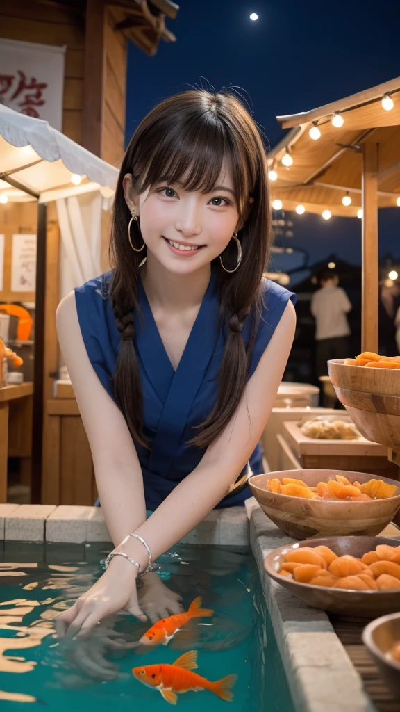Best picture quality (8K, high resolution, Masterpiece: 1.2), super detailed, 215 Short Hair,Three braids long hair, 16-year-old woman,
Goldfish scooping main shot at a Japanese festival stall: A front view of a goldfish scooping tank at a food stall、Photographing the moment you look at goldfish。The goldfish are in a small pool on the ground.: From a side angle、Close-up of a concentrated expression as he watches the goldfish。Including the flickering lights reflected on the water surface。
yukata: 色鮮やかなyukataを着ており、The obi has a floral design。Hairpin in the hair(Hairpin)Refers to。
accessories: Festive bracelet on the wrist。Small Japanese-style earrings in the ears。
Small items: Wearing wooden clogs、In his hand he is holding a fan he bought at a food stall.。
illumination: The warm light of the lanterns illuminates the surroundings.、The food stalls are lined up as if floating in the night sky.。The goldfish scooping tank is equipped with underwater lights.、The water surface sparkles。
Active Pause ,
break Focus on upper 腰
, random cute pose ,big eyes ,Puffy eyes , Heart Pupil, blush , huge shy smile , salute