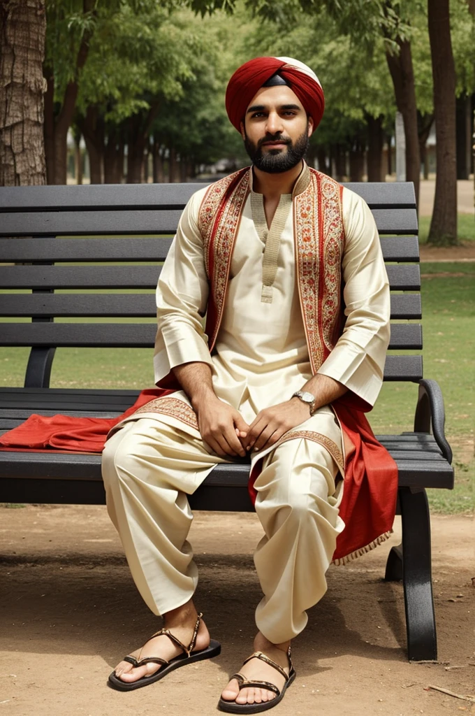 so sute 25 year man beautiful face and boy badmash sitting on a bench man sitting  casually on front of a all colours balochi salwar kameez and peshawari sandal The background park the image is a party theme. Write 'Asim' on the Make sure the text is not misspelled.so cute badmashi face and medium long red  hair with  and pind with  sitting on