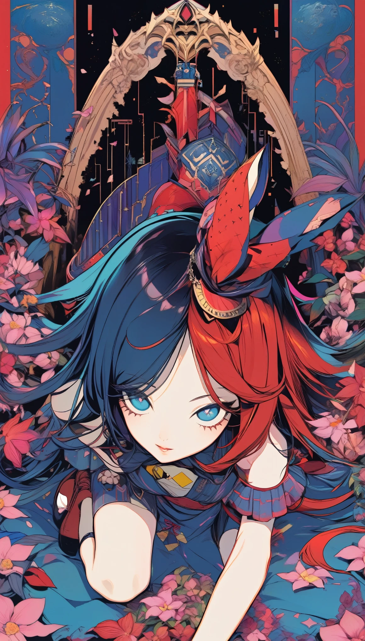 in style of American McGee,1 girl,orchid blooms in the left eye'position,