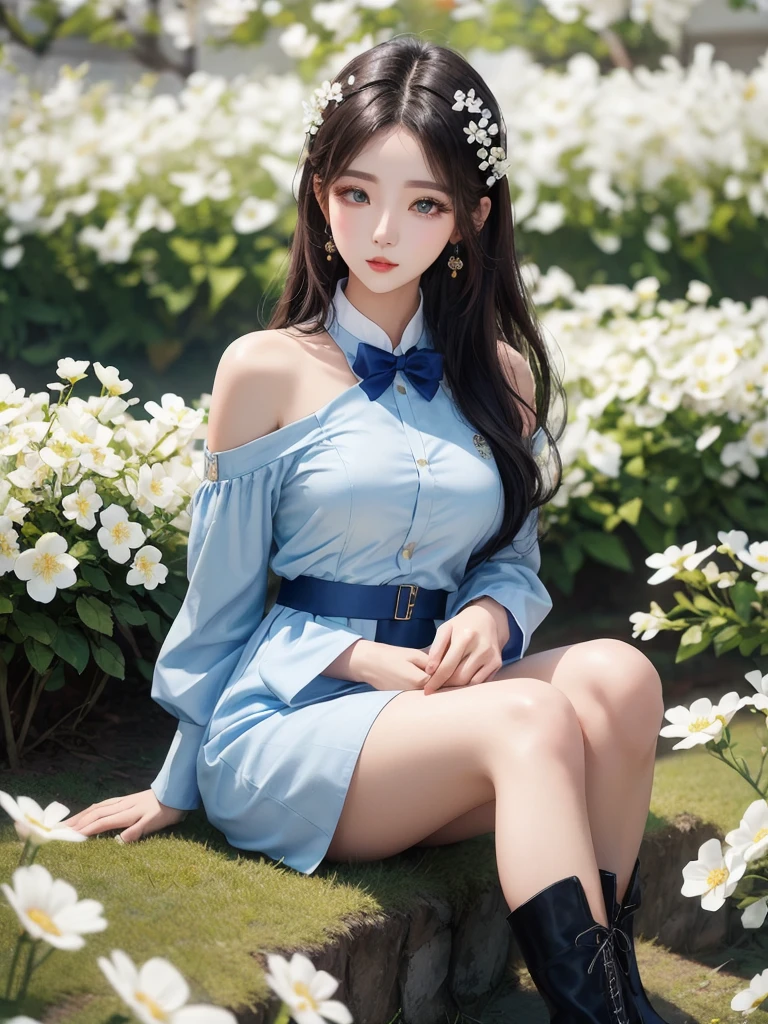 Beautiful woman wearing a blue white Wearing uniform korea style clothes mini dress with decorations on the shirt and visible shoulders and wearing boots and being photographed with a background And he was in the middle of a yard filled with beautiful white flowers,Korean style swag, beautiful face so gorgeous, Beautiful eyes, y2k style,