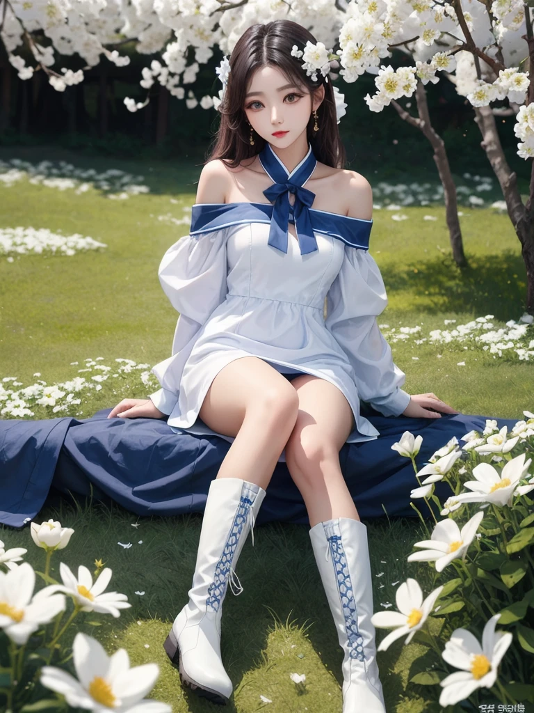 Beautiful woman wearing a blue white Wearing uniform korea style clothes mini dress with decorations on the shirt and visible shoulders and wearing boots and being photographed with a background And he was in the middle of a yard filled with beautiful white flowers,Korean style swag, beautiful face so gorgeous, Beautiful eyes, y2k style,
