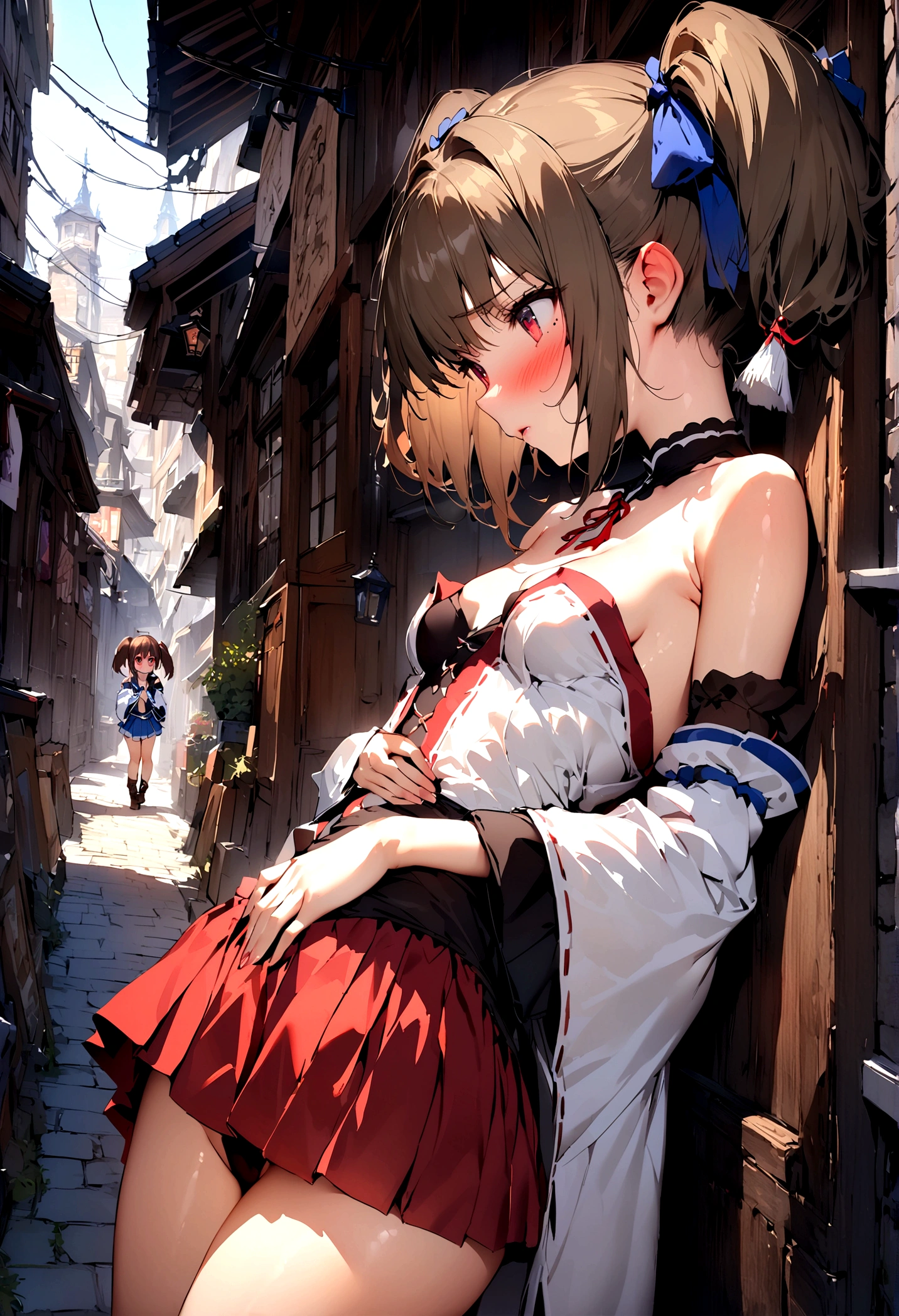 NSFW,masterpiece,Highest quality,High resolution,Super detailed,Nekone \(Utawarerumono\),Brown Hair、(Red Eye:1.3)、ribbon,Twin tails、ヘアribbon、Mole、目の下のMole,Small breasts,Fantasy World,Shopping Street,Alley,Japanese style,Removable sleeves,mini skirt,leotard,Half-naked,Open clothes,Embarrassed,blush,(Seduce),(male),A man puts his hands on her waist and hugs her,From the side