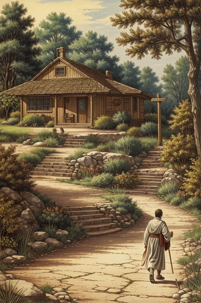 Draw an animated Bible walking to a house