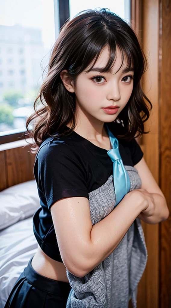 (8K,best quality,masterpiece:1.2),(In reality,realistic:1.4),(RAW photos),perfect details,18-year-old South Korean female model,Korean beautiful girl,Goose egg face shape,wavy curly hair,pure desire,((upper body:5 Point Shirt,black shirt,(Little Red Tie),short sleeve,Crop topping)),(private part:Skirt that hugs the buttocks,black),Wear pantyhose and sneakers,chest이 크다,chest,Butt Lift,hotel,rooms,window