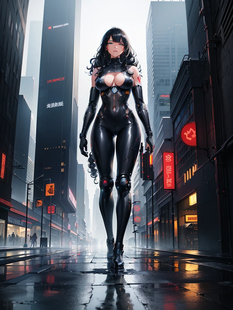 masterpiece, detailed shadows, detailed background, best quality, expressive eyes, perfect face), (((cyborg, expressive clothes)), ((long curly hair)), (wearing techwear clothes, techwear fashion, techwear trousers, cyberpunk), ,cleavage, ((expressive-tattoos)), ((in street after rain, surrounded by skyscrapers)), best view angle, vibrant neon lights, holographic advertisements, reflections on wet pavement, dramatic lighting, ethereal beauty, futuristic urban jungle)