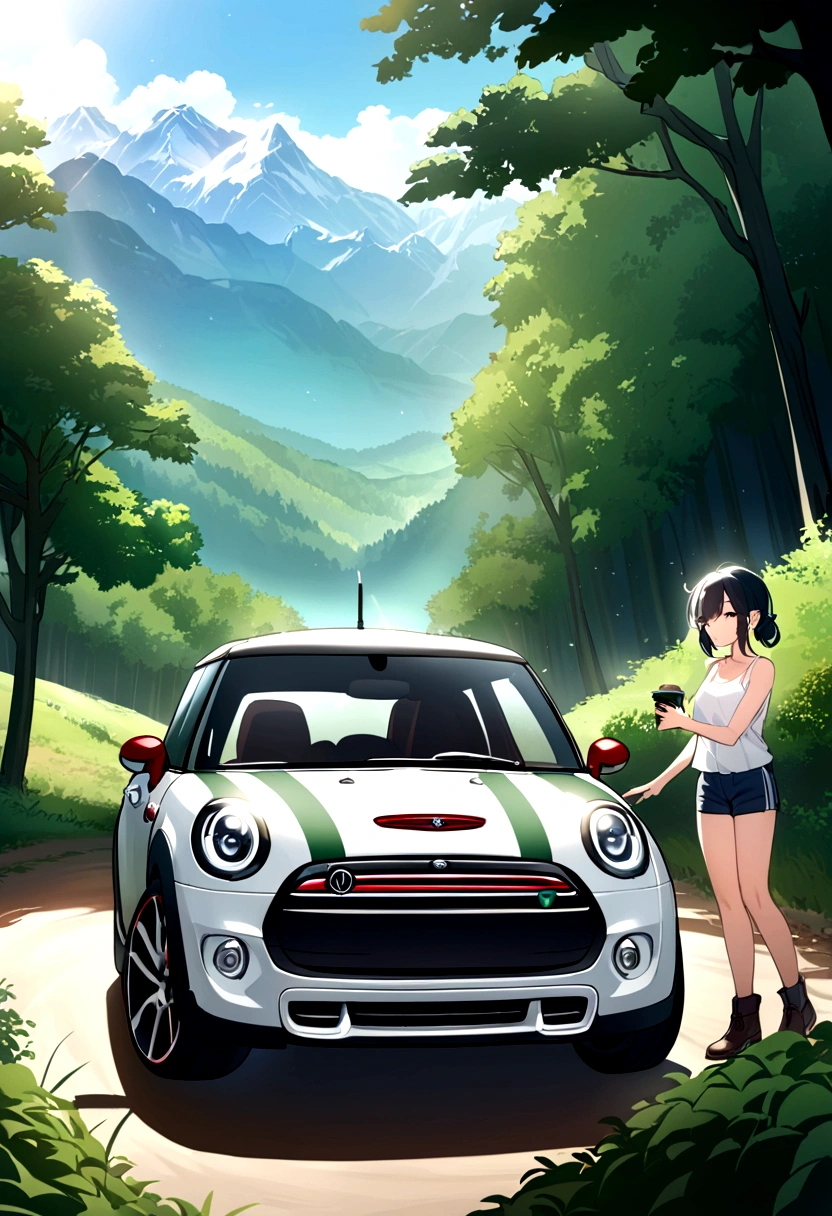 A young woman is driving a Mini Cooper, Parking on a dirt road, The Alps in the background. She is wearing a white tank top and navy shorts., Place your left hand on the steering wheel、On the right is a Starbucks coffee. Beyond the dirt road is a lush forest and a tranquil body of water., 
