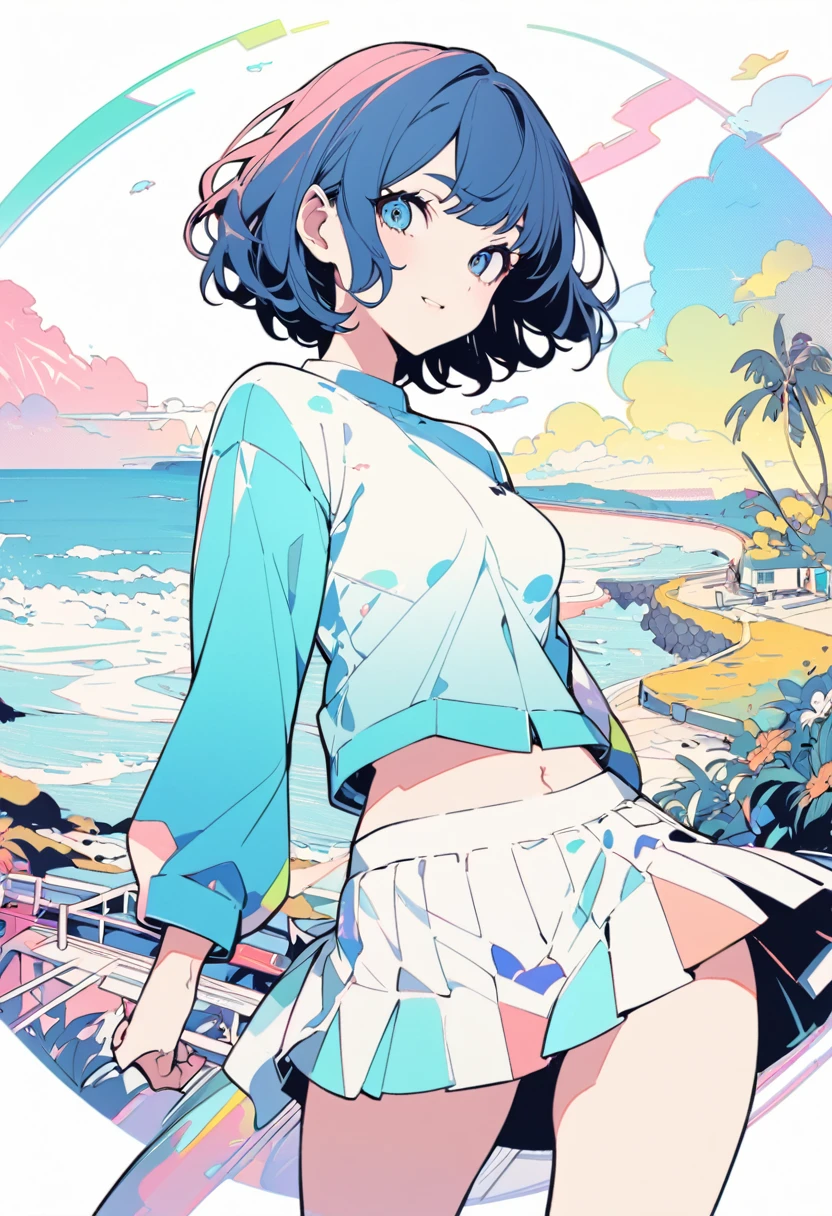 popart style,pastel flat color,(best quality, masterpiece, ultra highres, ultra-detailed) ,Girl walking along the road by the sea,very happy,Beautiful detailed scenery,pose for viewer,
(teen,detailed face,(darkblue wavy-short hair),eyebrows,middle small breasts),inspired by Victo Ngai cmyk palette,BREAK color-block short jacket,belly button shirt,mini skirt,